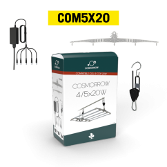 Secret Jardin Cosmorrow fixture 4/5x20W - zeleno-bílá krabice s černým kabelem a háčky pro zavěšení LED panelů do pěstebních stanů