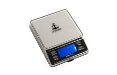 Digitální váha On Balance Mini Table Top Scale 500g/0,1g se stříbrným kovovým povrchem a modrým LCD displejem zobrazujícím nulu