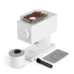 Fellow Ode Brew Grinder бял, разглобен на части - мелница, контейнер с кафени зърна, метален съд, везна и почистваща четка