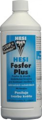 Bílá plastová láhev s modrým štítkem obsahující Hesi Fosfor Plus hnojivo pro rostliny, objem 1 litr, s bílým uzávěrem a popisem v českém jazyce