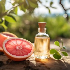 Glazen flesje met gouden grapefruit-essentiële olie en kurk naast helft van verse roze grapefruit op hout