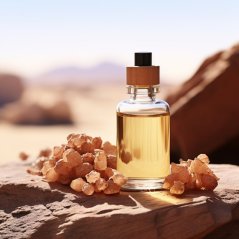 Bottiglia di vetro trasparente con contenuto dorato e tappo in legno posizionata su pietra sabbiosa nel deserto, accanto a pezzi sparsi di resina d'incenso Bottiglia di vetro trasparente con contenuto dorato e tappo in legno posizionata su pietra sabbiosa nel deserto, accanto a pezzi sparsi di resina d'incenso
