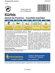 Stražnja strana ambalaže sjemenja bundeve Muscat de Provence s tablicom podataka o uzgoju i uputama za sadnju na bijeloj pozadini Stražnja strana ambalaže sjemenja bundeve Muscat de Provence s tablicom podataka o uzgoju i uputama za sadnju na bijeloj pozadini