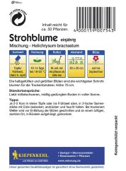 Reverso del paquete de semillas de helicriso Kiepenkerl con instrucciones - envase blanco con encabezado azul, pictogramas de cultivo y código de barras