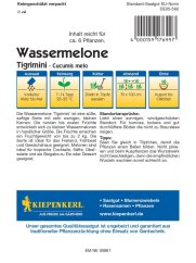 Zadní strana balení semen vodního melounu Tigrimini F1 s pěstebními instrukcemi, ikonami pro výsev, klíčení a sklizeň na bílém pozadí