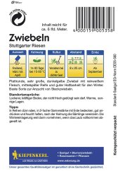 Back of Stuttgarter Riesen onion seed packet with detailed cultivation instructions, sowing table and product barcode