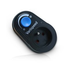 Dimmer Variispeed nero ovale con regolatore blu, tasto di accensione e presa elettrica per collegare dispositivi Dimmer Variispeed nero ovale con regolatore blu, tasto di accensione e presa elettrica per collegare dispositivi