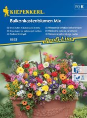 Bunter Mix blühender Balkonblumen im orangefarbenen Terrakotta-Kasten - Blumenmischung mit rosa, gelben, lila und weißen Blüten