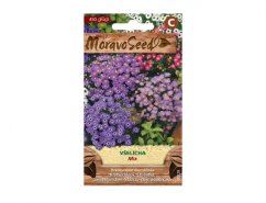 Zaadpakket Moravoseed Všelicha Mix met afbeelding van dik tapijt van kleine paarse bloemen brachycome iberidifolia op gekleurde verpakking