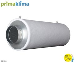 Bílý cylindrický filtr Prima Klima Industry 460-700m3/h s průřezem 125mm, kovová příruba na straně, aktivní uhlí uvnitř, délka 60cm pro pěstování