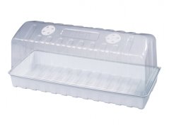 Läpinäkyvä muovinen minilasikasvihuone tuuletusaukoilla, koko 47x20x20cm, alempi osa ja kirkas yläkansi