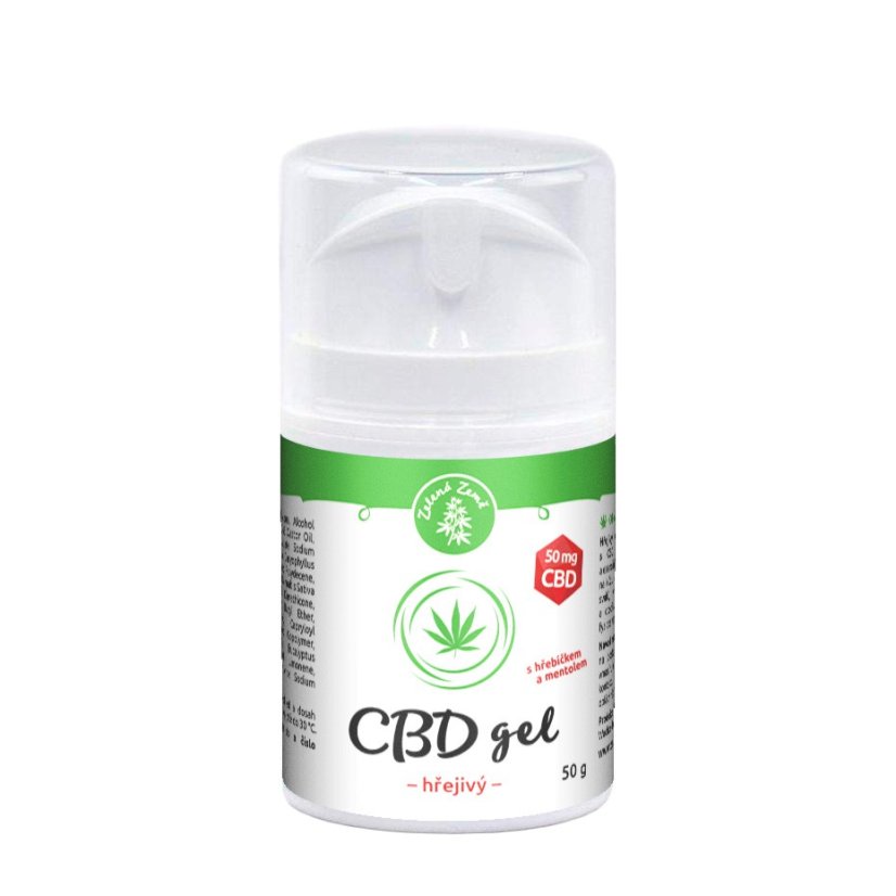 Bílý válcový obal Zelená Země CBD hřejivý gel 50g se zeleným štítkem, obsahuje 50mg CBD s mentolem a hřebíčkem pro úlevu bolesti
