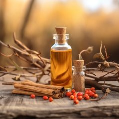 Zwei Glasflaschen mit Korken, gefüllt mit goldenem ätherischen Öl, umgeben von Zimtstangen und roten Früchten auf Holz Zwei Glasflaschen mit Korken, gefüllt mit goldenem ätherischen Öl, umgeben von Zimtstangen und roten Früchten auf Holz