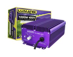 Balastro electrónico LUMATEK PRO 1000W 400V en color púrpura con disipador de aluminio acanalado, rueda de regulación y caja original Balastro electrónico LUMATEK PRO 1000W 400V en color púrpura con disipador de aluminio acanalado, rueda de regulación y caja original