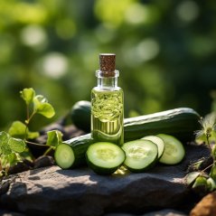 Kleine Glasflasche mit Korkstopfen, die ein hellgrünes Öl enthält, platziert auf dunklem Stein neben frischen Gurken und Scheiben Kleine Glasflasche mit Korkstopfen, die ein hellgrünes Öl enthält, platziert auf dunklem Stein neben frischen Gurken und Scheiben