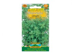 Paquete de semillas de mejorana de jardín con diseño naranja-verde, mostrando hojas verdes frescas de mejorana en foto de embalaje