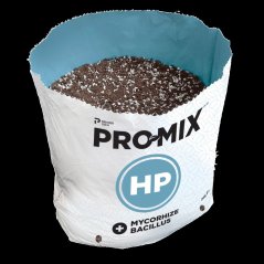 Bílý plastový pytel PRO-MIX HP s modrým vnitřkem obsahující hnědý substrát s perlitem, značka Premier Tech, objem 14 litrů s mycorhize a bacillus