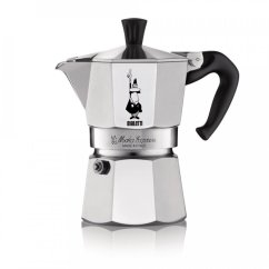 Hopeinen Bialetti Moka Express 3 kupille, musta kahva ja nuppi, klassinen kahdeksankulmainen muotoilu logolla