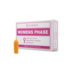 Bijela kutijica Endoca CBD čepića za potporu menstrualnog ciklusa s ružičastim dizajnom, pokraj narančastog čepića, pakiranje sadrži 500 mg CBD-a u 10 čepića