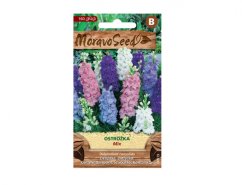 Moravoseed seed packaging with blackberry mix - displaying tall flower spikes in pink, purple, white and blue on green background