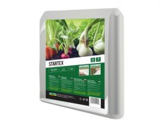 Valkoinen Startex 1,6x5m -tekstiili nopeaan satoon, etupuolella kuva tuoreesta vihanneksesta sis. retiisit ja vihreät lehdet