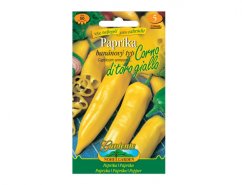 Banana type pepper seeds Corno di toro giallo package with yellow elongated cone-shaped fruits on green packaging with number 50