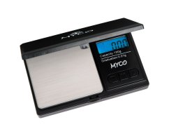 Černá kapesní váha Myco Mini MZ Scale s kapacitou 100g a přesností 0,01g, modrý LCD displej a stříbrná nerezová vážící deska