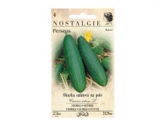 Salatgurken-Samenpäckchen für Feld Perseus - beige Papiertüte mit Foto von zwei grünen Gurken zylindrischer Form und gelber Blüte