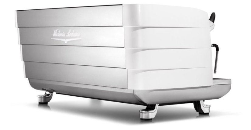 Boční pohled na bílý kávovar Victoria Arduino White Eagle zobrazující kompaktní design a horizontální linky na boční straně stroje