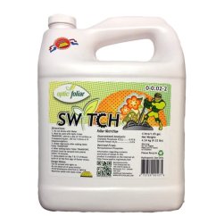 Valkoinen Optic Foliar Switch 1l -muoviastia värikäs etiketti, jossa vihreät ja oranssit elementit, sarjakuvahahmo