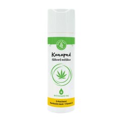 Zelená Země Konopné tělové mléko v bílé plastové lahvičce s bílým uzávěrem, zeleným pruhem a logem konopného listu, objem 200 ml Zelená Země Konopné tělové mléko v bílé plastové lahvičce s bílým uzávěrem, zeleným pruhem a logem konopného listu, objem 200 ml
