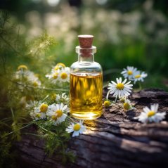 Kleine glazen fles met gele inhoud en kurken dop geplaatst op houten oppervlak omringd door verse witte kamillebloemen