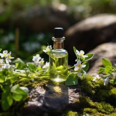 Frasco de vidrio con aceite amarillo-verde transparente y gotero negro colocado sobre roca de musgo entre hojas verdes y pequeñas flores blancas Frasco de vidrio con aceite amarillo-verde transparente y gotero negro colocado sobre roca de musgo entre hojas verdes y pequeñas flores blancas