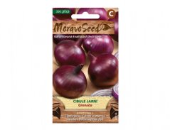 Balení semen cibule jarní Grenada od MoravaSeeds s obrázkem červených kulatých cibulek na hnědém dřevěném podkladu, zelená etiketa s textem