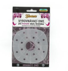 Izravnjavajuće dno za orhideje promjera 10cm - prozirno plastično dno s rupicama u obliku kruga u crnoj ambalaži s ljubičastim orhidejama