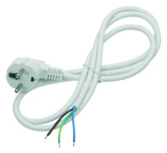Bílý elektrický kabel 3m včetně zástrčky s tříkolíkovým konektorem a barevně rozlišenými vodiči černou, zelenou a modrou barvou