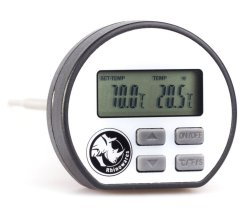 Termómetro digital Rhinowares con cuerpo blanco redondo, pantalla LCD mostrando temperaturas 80.0°F y 20.5°F, cuatro botones plateados y sonda blanca