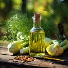 Sticlă de ulei de fenicul galben cu dop de plută, între fenicul proaspăt, mărar și semințe pe o placă de lemn