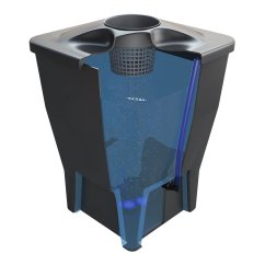 Černý hydroponický systém Oxypot Single s průhlednou modrou nádrží 19L, vzduchovací sadou a košíkem pro pěstování jedné rostliny