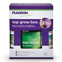 Fialová krabička Plagron Alga Top Grow Box s bílým a zeleným designem, obsahující organická hnojiva a doplňky pro pěstování rostlin v hlíně