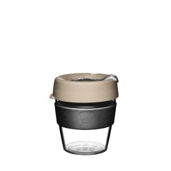 Praktische KeepCup Original Clear Milk S Tasse mit transparentem Glasboden, beigem Deckel und dunkelgrauem Silikonband, 227 ml