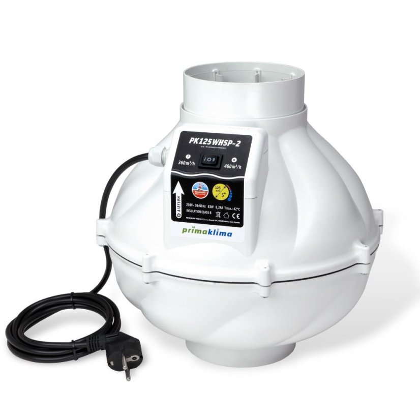 Bílý dvourychlostní ventilátor Prima Klima Whisperblower PK125 s černým ovládacím panelem, plastovým tubusovým tělem a napájecím kabelem