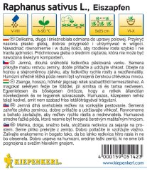 Back of Eiszapfen radish seed packet with cultivation instructions, sowing icons and barcode on white background Back of Eiszapfen radish seed packet with cultivation instructions, sowing icons and barcode on white background