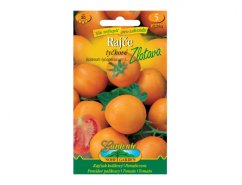 Tomato seed package Zlatava - orange packaging with photo of ripe orange tomatoes, green inscription and Zamenia logo, contains 30 seeds Tomato seed package Zlatava - orange packaging with photo of ripe orange tomatoes, green inscription and Zamenia logo, contains 30 seeds