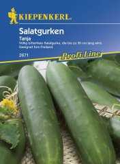 Balení semen salátové okurky Tanja značky Kiepenkerl s modrým a žlutým designem, zobrazující čerstvé zelené okurky na bílém pozadí