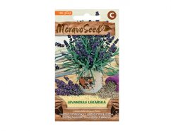 Paquete de semillas de lavanda medicinal MoravoSeed con flores púrpuras en recipiente de cerámica, semillas y ilustración de planta en envase beige