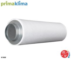 Bílý cylindrický karbonový filtr Prima Klima Industry 160mm s kovovou přírubu a černou perforovanou vložkou z aktivního uhlí pro čištění vzduchu