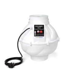 Bílý kulatý ventilátor Prima Klima Whisperblower Double flange PK150/160 MES s výkonem 890 m3/h, plastové tělo s černým štítkem a kabelem
