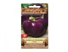 Pachet de semințe de ardei pentru seră LORAN de la MoravoSeed cu fotografie de ardei violet închis pe ambalaj colorat