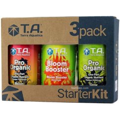 T.A. Starter Kit Pro Organic + Bloom Booster 3pack - kartonové balení se třemi barevnými lahvičkami hnojiv v oranžové, červené a zelené barvě